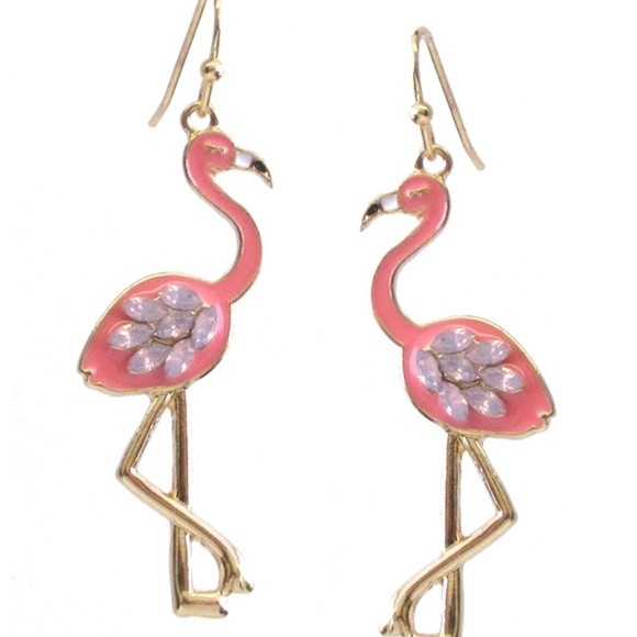 Crystal Enamel Pink Flamingo Earrings - Picture 1 of 1